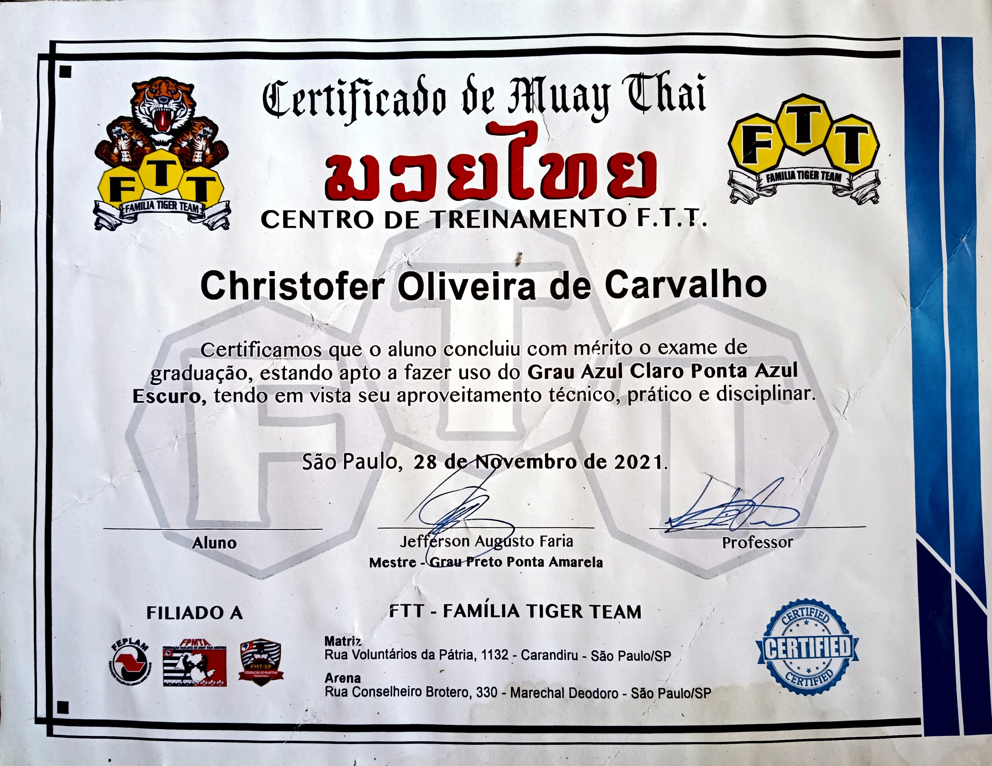 Certificado de Muay Thai emitido pelo Centro de Treinamento FTT em 2021